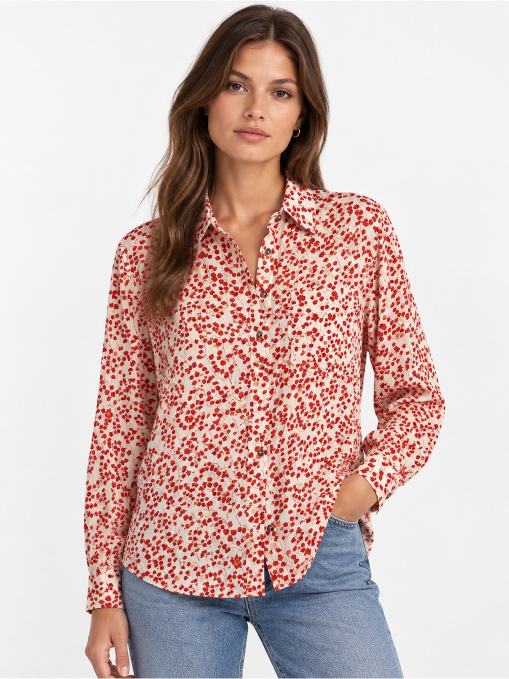 GANNI Floral Print Crepe Button-Down Shirt